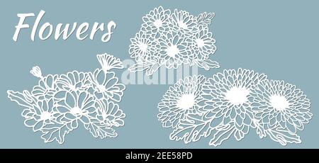 Chrysanthèmes. Set de gabarit pour la découpe au laser et le traceur. Fleurs, feuilles pour la décoration. Illustration vectorielle. Ensemble d'autocollants fleurs. Traceur et Illustration de Vecteur