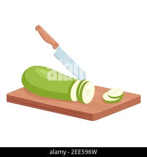 Coupez les légumes de courgettes en tranches, le couteau de cuisine isométrique trancheuse la courgette verte Illustration de Vecteur