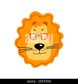 Jolie face de lion vectorielle colorée dans des lunettes de soleil. Un objet sur fond blanc. Illustration plate de dessin animé. Emoji animal drôle. Sourire embarrassé Illustration de Vecteur