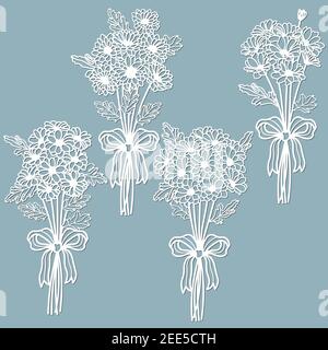 Chrysanthèmes. Set de gabarit pour la découpe au laser et le traceur. Fleurs, feuilles pour la décoration. Illustration vectorielle. Ensemble d'autocollants fleurs. Traceur et Illustration de Vecteur