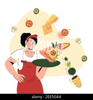 Serveuse tenant un plateau avec un morceau de pizza, illustration vectorielle de dessin animé isolée. Illustration de Vecteur