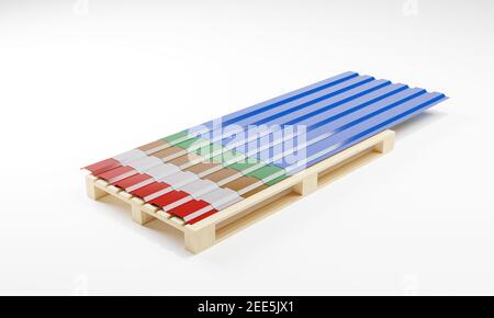 Rendu 3D d'un panneau profilé en métal sur la palette dans l'assortiment de cinq couleurs populaires isolées sur un blanc Arrière-plan.Illustration d'une image numérique Banque D'Images