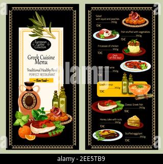 Menu vectoriel du restaurant grec. Grèce le prix de la cuisine traditionnelle couvre la conception des soupes, des plats chauds à la viande, des salades de légumes et des en-cas hors-d'œuvre et sucré Illustration de Vecteur