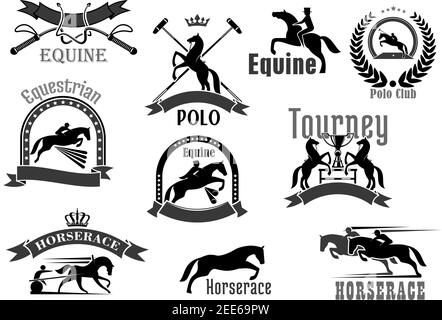 Badges vectoriels de club de sport Polo ou équin. Jeu de symboles courses hippiques ou saut équestre et concours de course. Icônes de bat et fouet, gagnant de cavalier ou ho Illustration de Vecteur