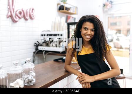 Photo d'une serveuse sympathique portant un uniforme, une femme Barista afro-américaine, avec des cheveux bouclés dans un tablier noir près du comptoir du bar, regarde et sourit à la caméra Banque D'Images