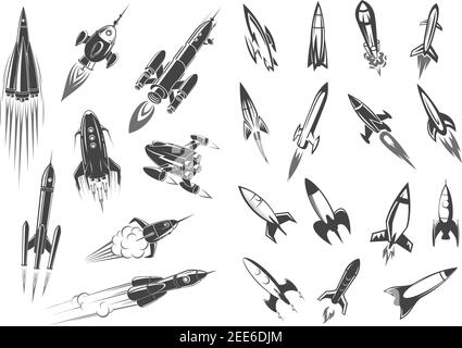 Icônes de fusées ou de vaisseaux spatiaux et de navettes spatiales pour la conception de dessins animés. Les missiles rétro-spatiaux démarrent ou se lancent dans un cosmos avec un incendie de moteur. Vecteur Illustration de Vecteur