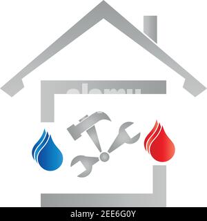 Maison, goutte d'eau, flamme, outils, plombier, logo plombier, logo Illustration de Vecteur