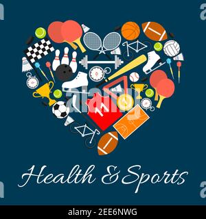 La santé et le sport en forme de coeur avec des éléments de motif vectoriel de style de vie de sport. Équipement de jeu d'entraînement et de sport balles, raquettes, nacelle, ski, ska Illustration de Vecteur