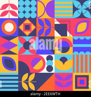Arrière-plan des formes géométriques. Esthétique dans la conception abstraite de motifs. Figurines minimalistes vectorielles, fleurs. Style mosaïque. . Illustration vectorielle Illustration de Vecteur