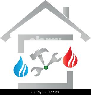 Maison, goutte d'eau, flamme, outils, plombier, logo plombier, logo Illustration de Vecteur