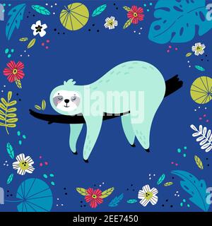 Sloth dans diverses feuilles et fleurs tropicales. Illustration de Vecteur