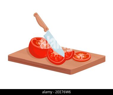 Coupe de tomates avec un couteau de chef cuisine isométrique repas frais et sain avec légumes Illustration de Vecteur