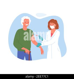 Campagne médicale de vaccination des personnes âgées, homme âgé pendant la vaccination du coronavirus Illustration de Vecteur