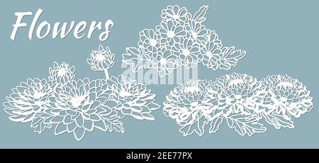 Chrysanthèmes. Set de gabarit pour la découpe au laser et le traceur. Fleurs, feuilles pour la décoration. Illustration vectorielle. Ensemble d'autocollants fleurs. Traceur et Illustration de Vecteur
