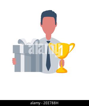 Homme d'affaires ou commis tenant une tasse de gagnant et une boîte cadeau. Personnage masculin de style simple avec objets, illustration vectorielle plate. Isolé sur blanc Illustration de Vecteur