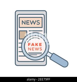 Fausses nouvelles dans l'application de nouvelles dans le téléphone mobile vecteur dessin animé illustration de contour isolé sur fond blanc. Désinformation, bruit de l'information, mauvaises nouvelles, application de nouvelles quotidiennes sur l'écran du smartphone. Illustration de Vecteur