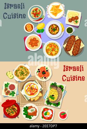 Cuisine israélienne Shabbat, icône du dîner, soupe de légumes à la viande, ragoût, boulettes de poulet, poisson farci et forshmak, houmous aux pois chiches et falafel, méa Illustration de Vecteur