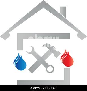 Maison, goutte d'eau, flamme, outils, plombier, logo plombier, logo Illustration de Vecteur