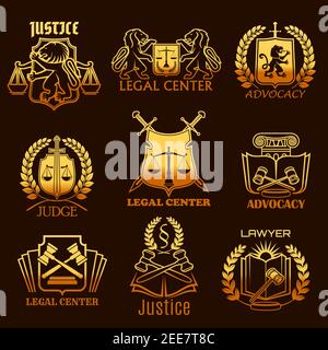 Icônes de vecteur de centre juridique de plaidoyer et d'avocat. Ensemble de symboles isolés de balances de justice, lion héraldique ou épées et juge de la gavel, couronne de Laurier et loi Illustration de Vecteur