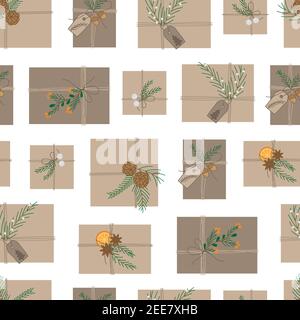Cadeaux enveloppés naturels motif vectoriel sans couture. Cadeaux de Noël en papier d'emballage marron et décorations naturelles. Isolé. Illustration de Vecteur