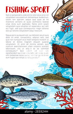 Affiche de dessin de sport de pêche avec poisson de mer. Saumon, thon, poisson-fond, flet et hareng avec espace pour la brochure du club de sport ou le tourn de pêche Illustration de Vecteur