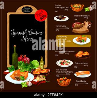 Menu vectoriel du restaurant espagnol. Espagne cuisine traditionnelle avec soupes, plats chauds à base de viande, salades de légumes, en-cas et desserts sucrés. Illustration de Vecteur