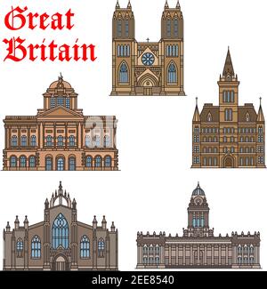 Ensemble d'icônes de voyage de la Grande-Bretagne. Les bâtiments de l'hôtel de ville de Manchester, Liverpool et Leeds, l'église de la cathédrale de Bristol et St Giles Cat Illustration de Vecteur