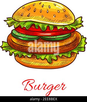 Icône hamburger ou cheeseburger fast food. Sandwich hamburger Vector avec pain au sésame, fromage et laitue pour fastfood restaurant ou café en-cas ou repas tak Illustration de Vecteur