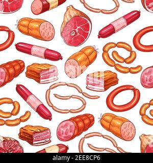 Produits à base de viande et boucherie fine à motif sans couture. Risket de jambon ou de bacon Vector, boucherie saucisses de francfort ou de saveloy et cervelis, gour Illustration de Vecteur