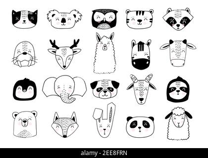 Animaux scandinaves. Ensemble animal mignon nordique. Panda à dessin manuel, visages amusants de lama de renard de cerf Illustration de Vecteur