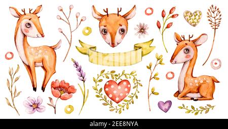 Joli cerf de bébé. Forêt vectorielle pépinière aquarelle dessin animé animaux des bois cerf, fleurs feuilles. Adorable ensemble bois de série Nurseries Illustration de Vecteur