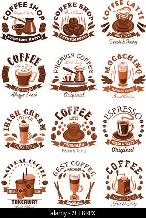Symboles vectoriels de coffee shop représentant les tasses à café et les grains torréfiés. Symboles isolés de l'espresso chaud ou du mug americano avec vapeur, cafetière et latte ou frap Illustration de Vecteur