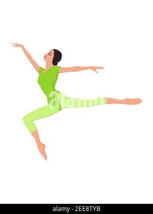 Belle femme danseuse en vert vif unitard en saut, main dessin vecteur, isolé sur le fond blanc Illustration de Vecteur