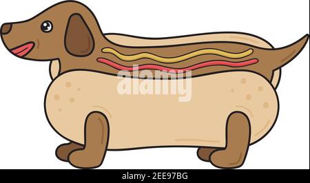 Illustration de vecteur de hot dog mignon. Le cachshund est dessiné à la main dans un petit pain de chien chaud avec du ketchup et de la moutarde, en collant sa langue. Isolé. Illustration de Vecteur