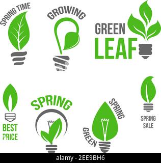 Le vecteur du temps de printemps isolé icônes ensemble de feuilles vertes et de plantes pousses ou de tendrils en croissance en forme de lampes électriques ampoules. Symboles de vert Illustration de Vecteur