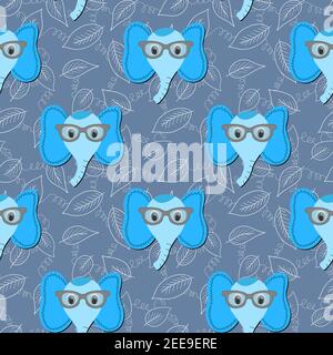 Motif sans couture avec joli motif éléphant bleu dans des lunettes de soleil sur fond floral. Illustration colorée des animaux plats vectoriels pour les enfants. Adorable dessin animé Illustration de Vecteur