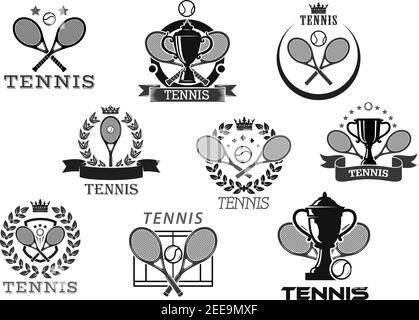 Icônes vectorielles de club de tennis ou badges de tournoi. Symboles isolés de balle de tennis et de raquettes croisées, de la coupe de victoire et de la couronne de Laurier du champion ou r Illustration de Vecteur