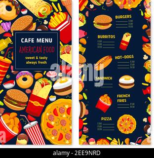 Menu de restauration rapide avec prix. Motif vectoriel de hamburgers, sandwichs, boissons et desserts pour le modèle de couverture. Pizza fastfood, crème glacée et Illustration de Vecteur