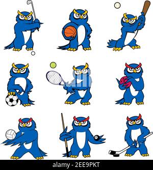 Dessin animé hibou vecteur icônes de l'animal de compagnie drôle personnage de mascotte. Oiseaux jouant aux jeux de sport rugby ballon ou football football et basket-ball, batte de baseball, tenni Illustration de Vecteur