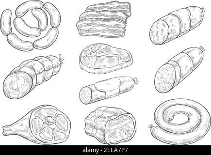 Produits de viande et boucherie delicatessen croquis vectoriels. Saucisses isolées de bacon, saucisses de francfort ou de saveloy, cervelis et saindoux de porc, salami et s. Illustration de Vecteur