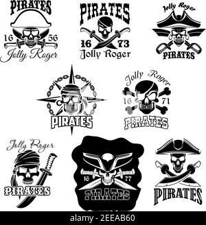 Crâne pirate avec icônes crossbone. Jolly Roger drapeau pirate symbole du squelette portant chapeau, eyepatch, bandana et boucle d'oreille avec épée et couteau croisés Illustration de Vecteur