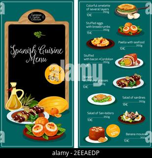 Menu du restaurant de cuisine espagnole. Espagne plats chauds traditionnels à base de viande, soupes et salades de légumes, en-cas ou hors-d'œuvre et desserts sucrés. Méditerranée Illustration de Vecteur