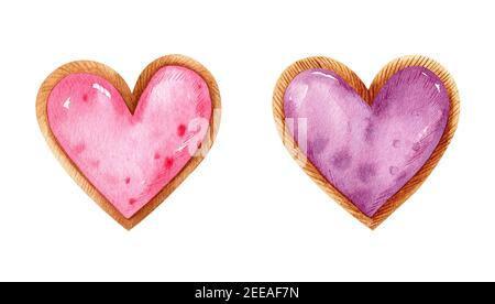 Set aquarelle de Saint-Valentin avec desserts en forme de coeur. Petits gâteaux aux fruits et décoration festive. Illustration dessinée à la main. Banque D'Images