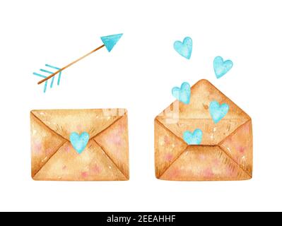 Set aquarelle Saint-Valentin. Enveloppe fermée avec message d'amour et enveloppe ouverte avec coeur bleu volant. Flèche de Cupid. Banque D'Images