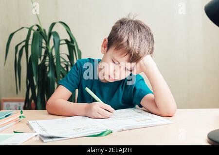 7 yeas vieux garçon assis à un bureau et faisant des devoirs. L'enfant écrit des notes dans le carnet, les devoirs difficiles, l'enfant se concentrant sur des exemples Banque D'Images