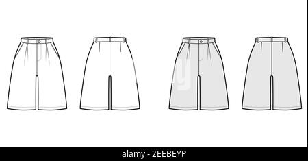 Short bermudas style décontracté pantalon technique illustration de la mode avec longueur genou, pli unique, taille normale, taille haute. Modèle à fond plat à l'avant, à l'arrière, de couleur grise blanche. Maquette CAD pour femmes et hommes Illustration de Vecteur