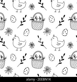 Motif Pâques sans coutures. Mignons poussins, œufs de Pâques festifs dans un panier, brindilles printanières et fleurs. Illustration vectorielle dessinée à la main, style doodle. Illustration de Vecteur