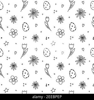 Joli motif Pâques sans coutures. Gâteaux et œufs de Pâques, étoiles et brindilles de saule. Illustration vectorielle dessinée à la main, style doodle. Illustration de Vecteur