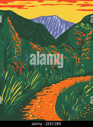 L'art de l'affiche WPA du sentier McKittrick Canyon, un canyon pittoresque dans le parc national des Guadalupe Mountains au Nouveau-Mexique pendant l'automne fait dans des projets Illustration de Vecteur