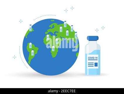 Illustration de la propagation du vaccin contre le coronavirus dans le monde. Une bouteille d'injection et un globe. Distribution du vaccin COVID-19 dans le monde entier. Vecteur en fl Illustration de Vecteur